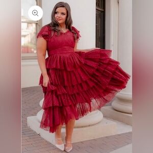 JessaKae Burgandy Elegant Dainty Delicate Coquette Giupure Lace Mia Midi Dress